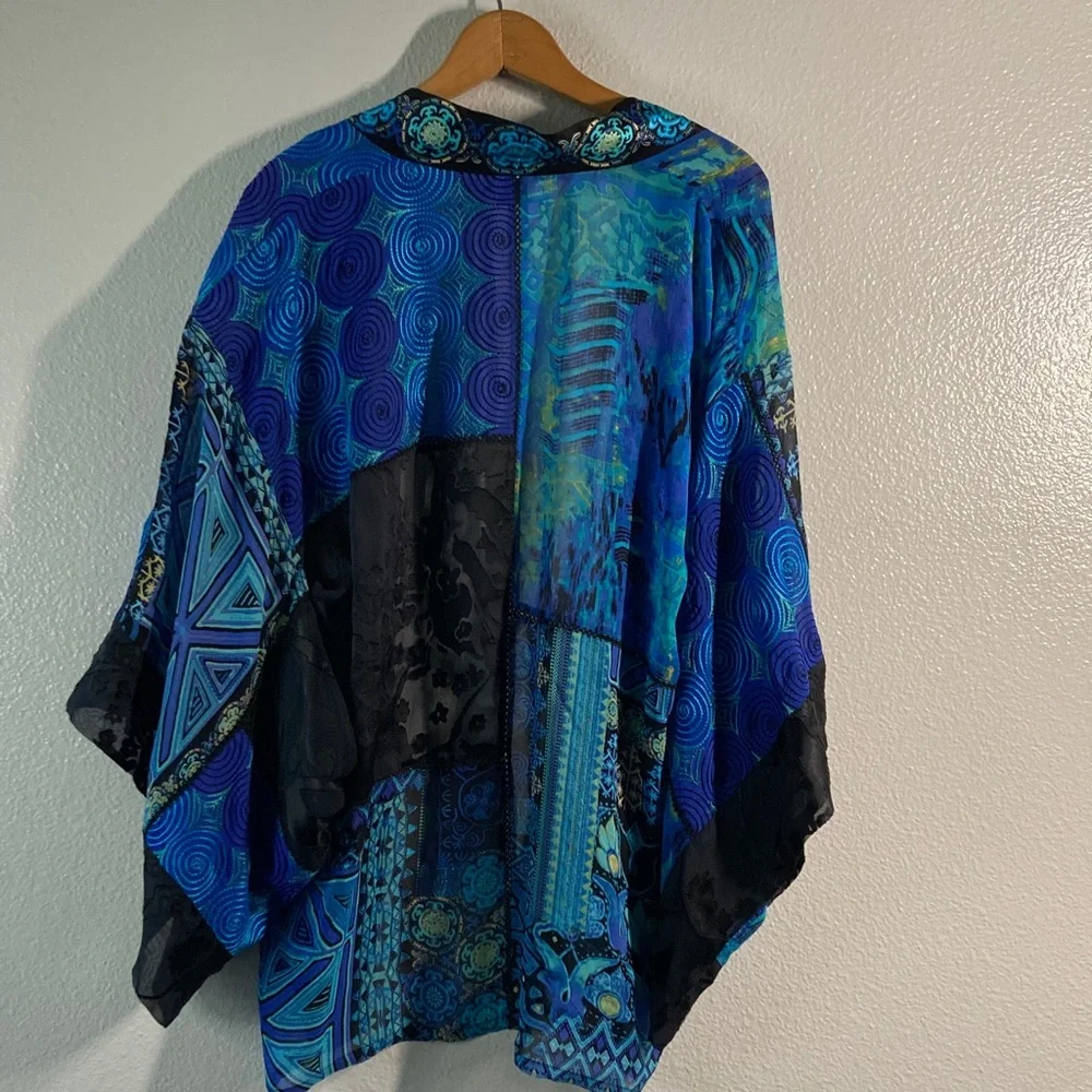 Chico's Silk Rayon Embroidered Patchwork Velvet Burnout Fairycore Kimono Topper - Picture 6 of 10
